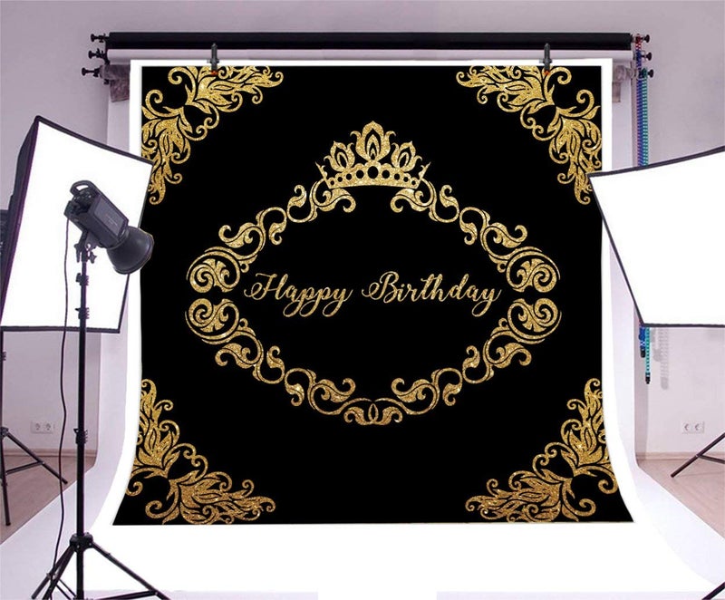 LFEEY 8x8ft Father Mother Birthday Party Backdrop for Photos Black Background Gold Crown Flower Pattern Adutls 30th 40th 50th Birthday Parties Photo Booth Props - Image 2